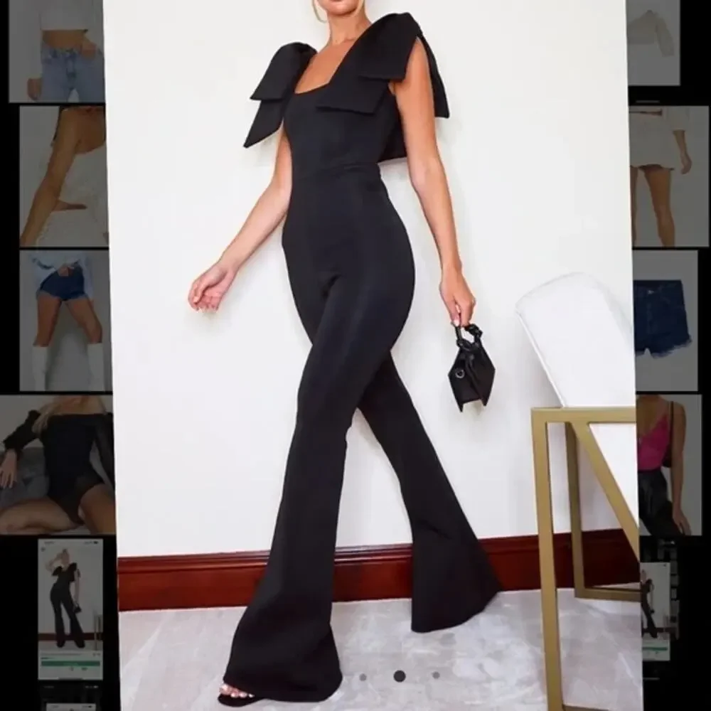 NEW PrettyLittleThing Black Bow Shoulder Flared Leg Scuba Jumpsuit size 12